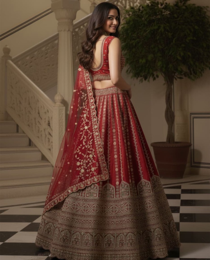 RED - Details Red Embroidered Perfect Bridal Lehenga Choli with double Dupatta 