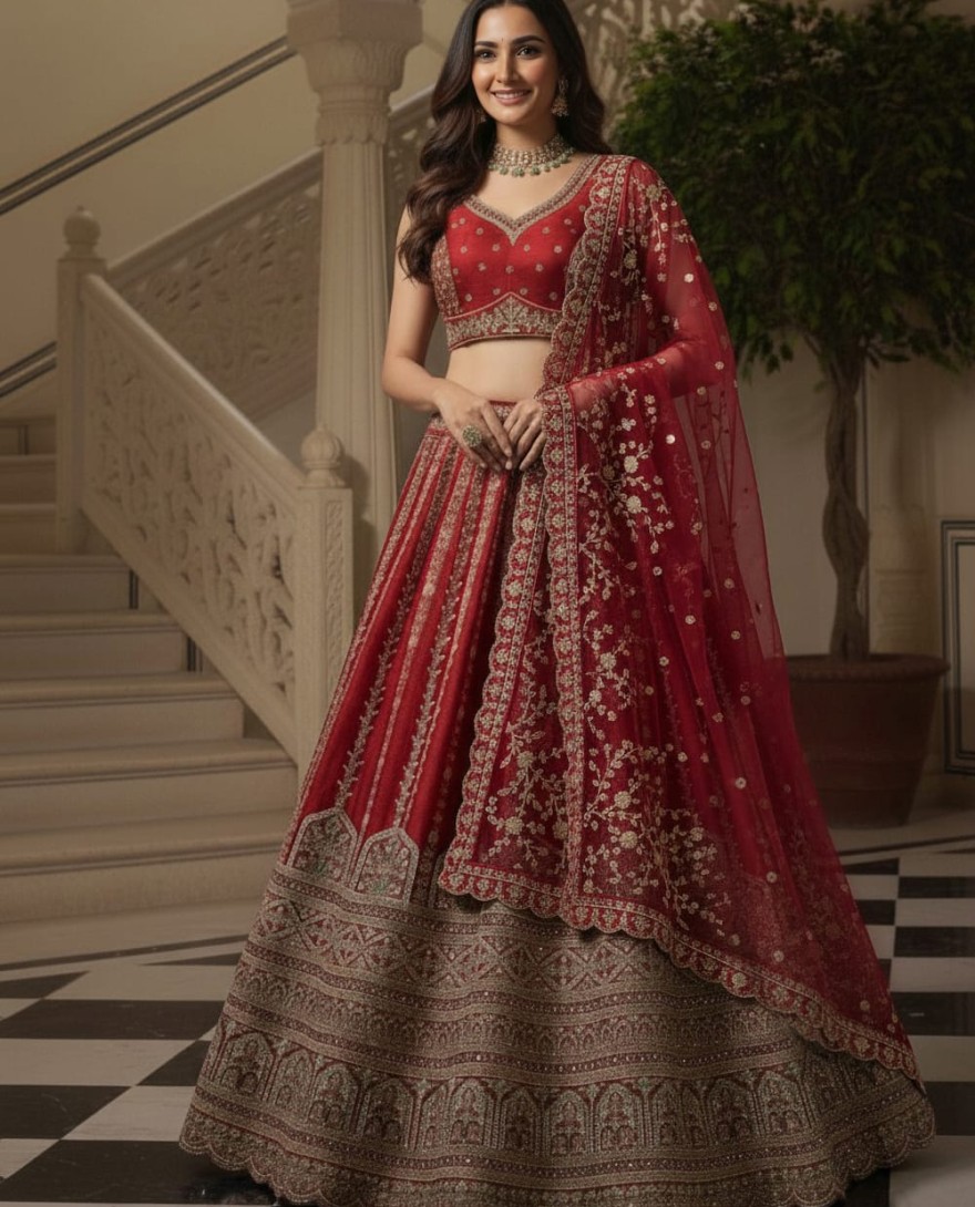RED - Details Red Embroidered Perfect Bridal Lehenga Choli with double Dupatta 