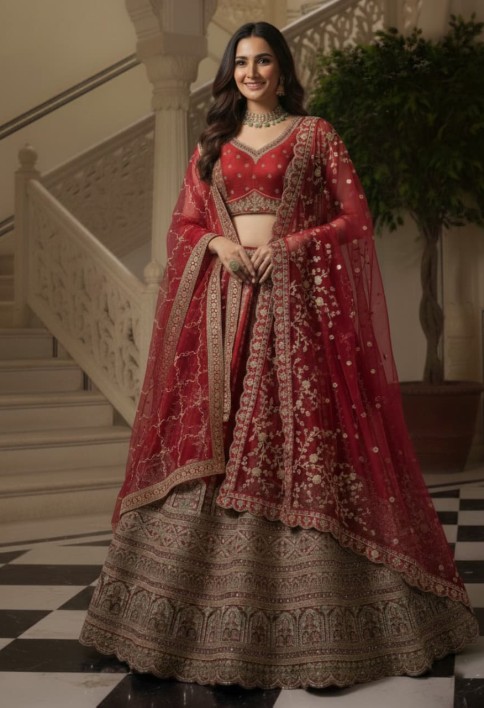 Details Red Embroidered Perfect Bridal Lehenga Choli with double Dupatta 