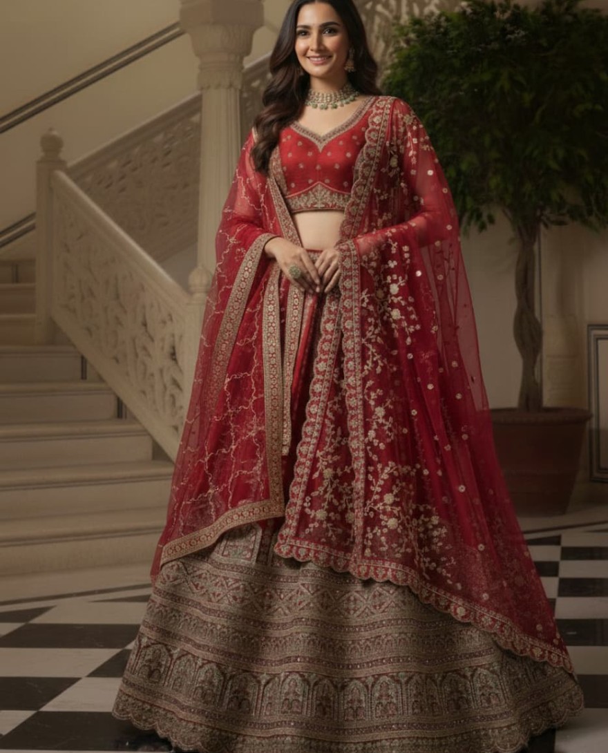 RED - Details Red Embroidered Perfect Bridal Lehenga Choli with double Dupatta 