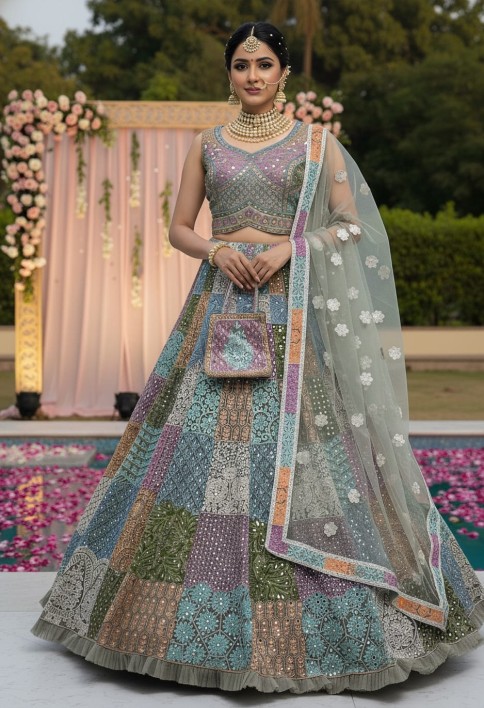 Full Flaired Chain Embroidery with Real Mirror work Designer Lehenga Choli 