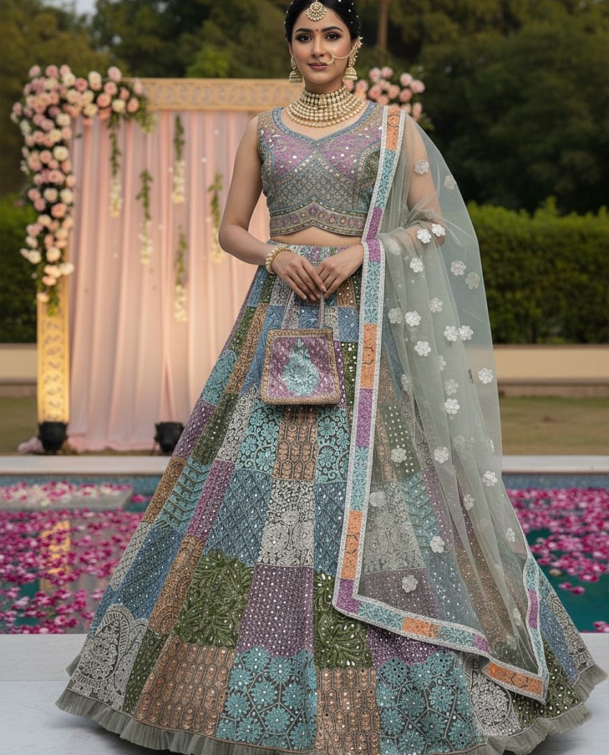 LEHENGA - Full Flaired Chain Embroidery with Real Mirror work Designer Lehenga Choli 