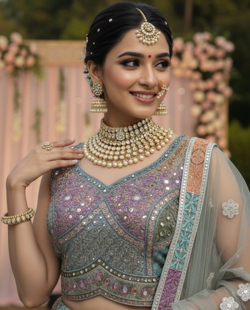 LEHENGA - Full Flaired Chain Embroidery with Real Mirror work Designer Lehenga Choli 