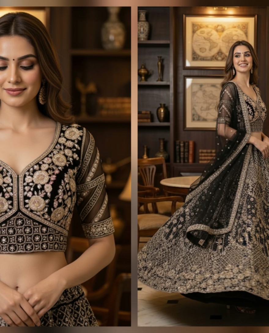 Black - Designer Black Work Combine with Pattern Embroidery Double Net Crafted Black Color Beautiful Lehengacholi 