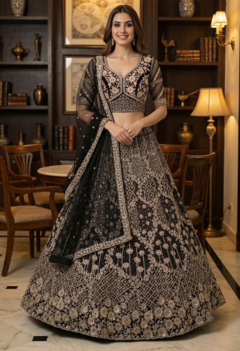 Designer Black Work Combine with Pattern Embroidery Double Net Crafted Black Color Beautiful Lehengacholi 