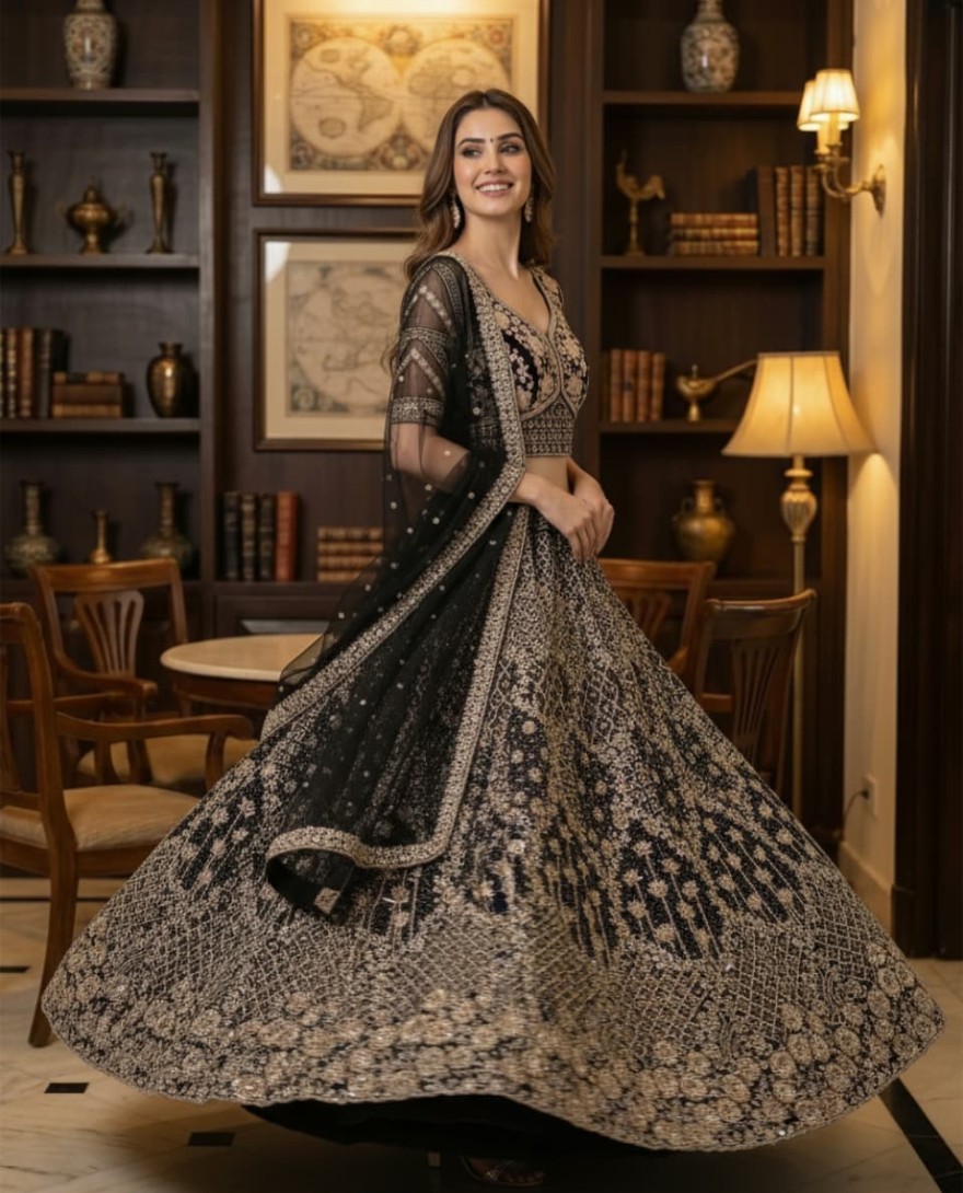 Black - Designer Black Work Combine with Pattern Embroidery Double Net Crafted Black Color Beautiful Lehengacholi 