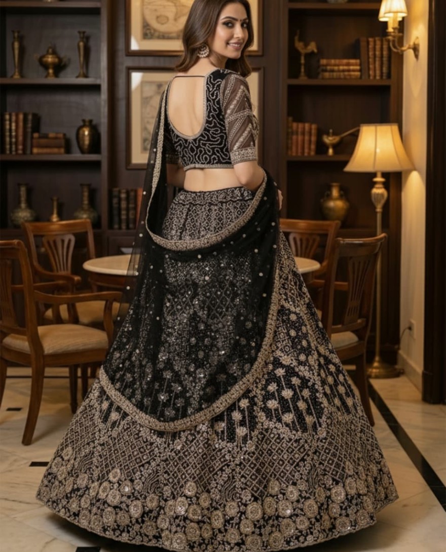 Black - Designer Black Work Combine with Pattern Embroidery Double Net Crafted Black Color Beautiful Lehengacholi 