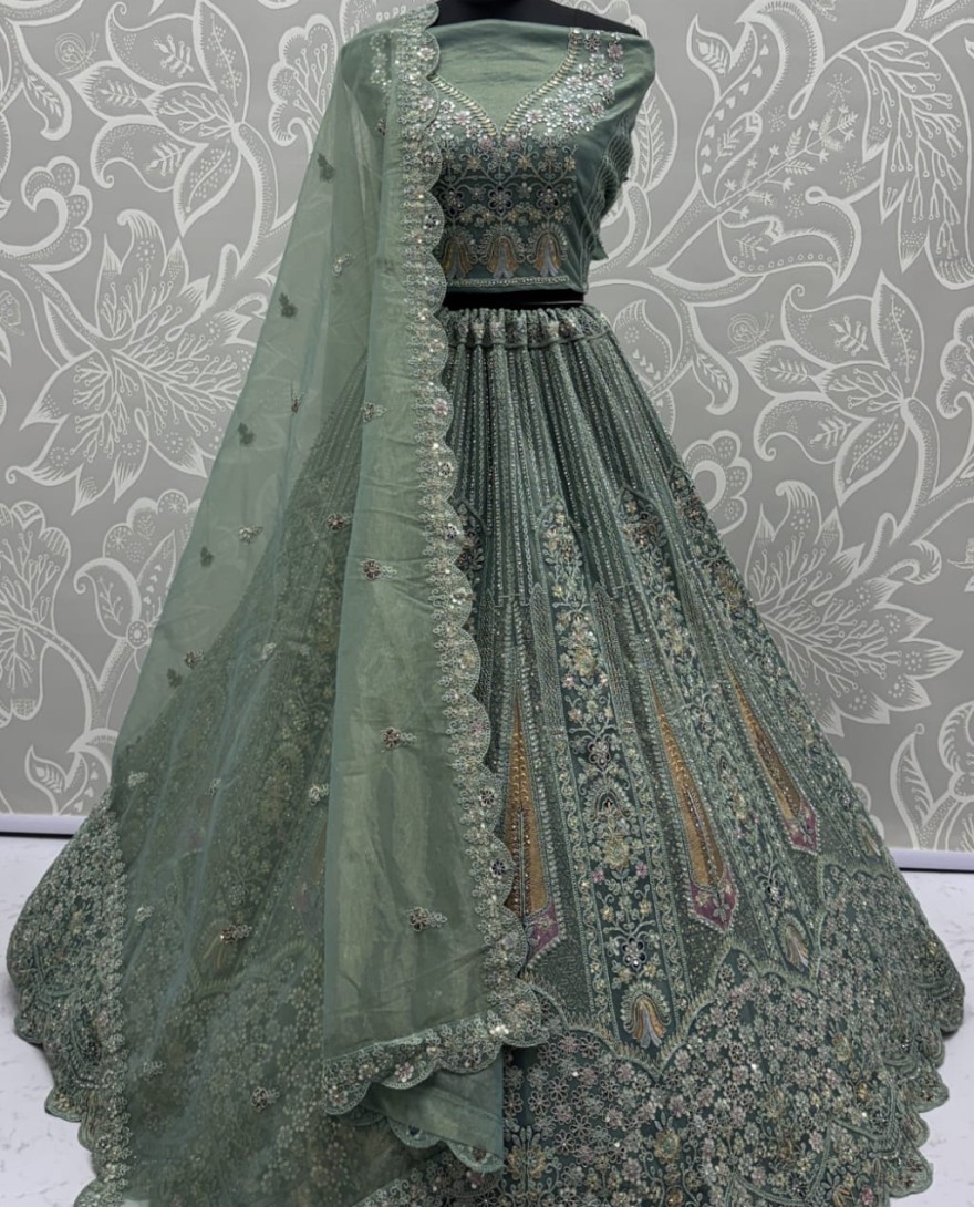 GREEN - Partywear Green Bridal Net Lehengacholi 