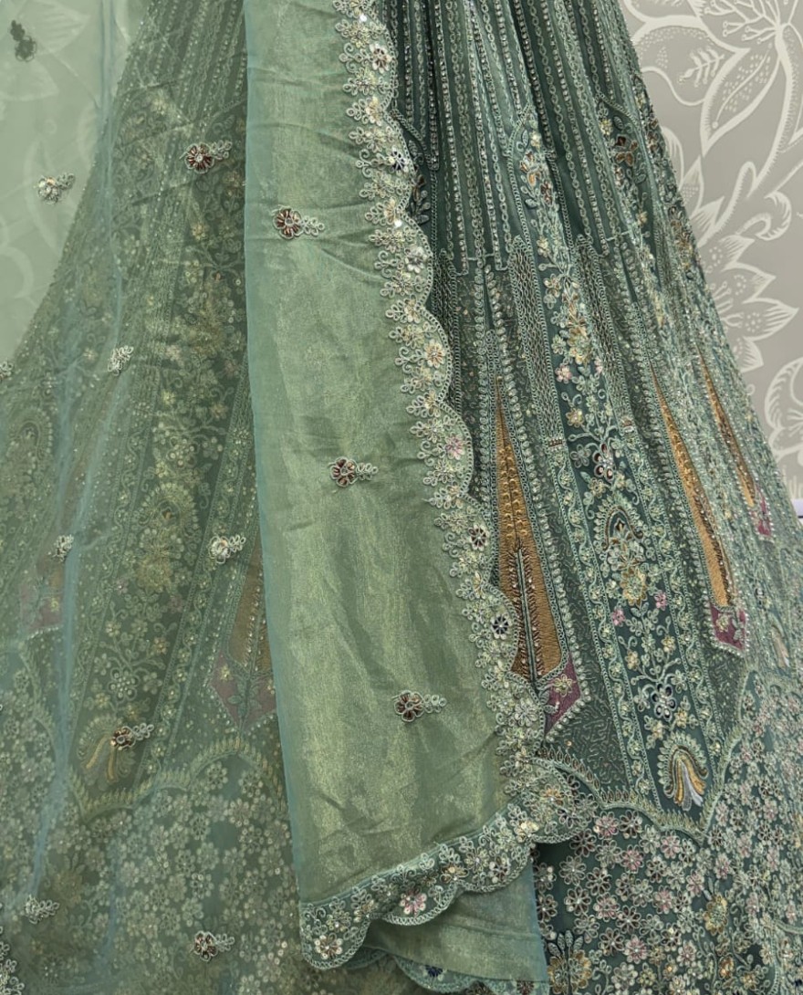 GREEN - Partywear Green Bridal Net Lehengacholi 