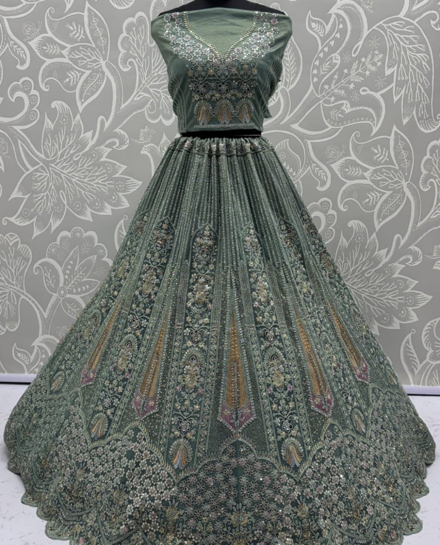 GREEN - Partywear Green Bridal Net Lehengacholi 