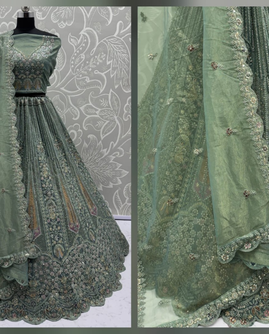 GREEN - Partywear Green Bridal Net Lehengacholi 
