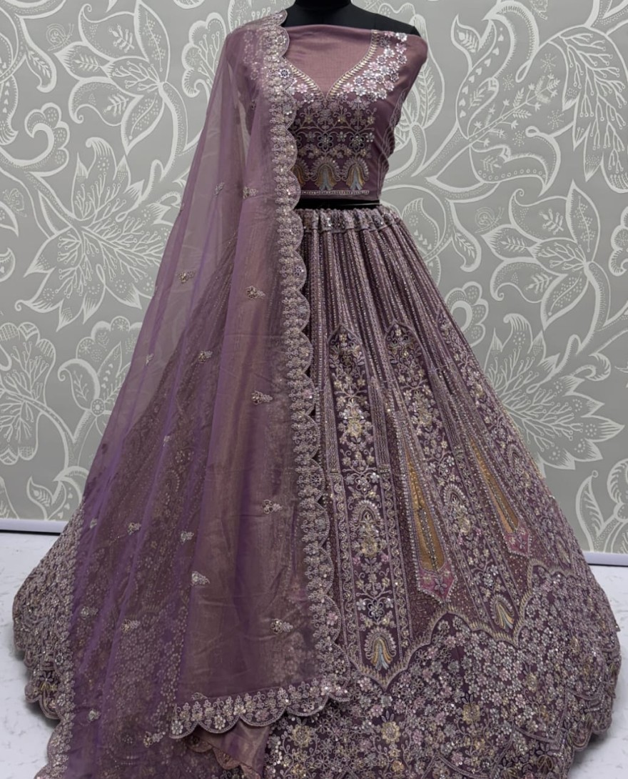 Purple - Partywear Purple Bridal Net Lehengacholi 