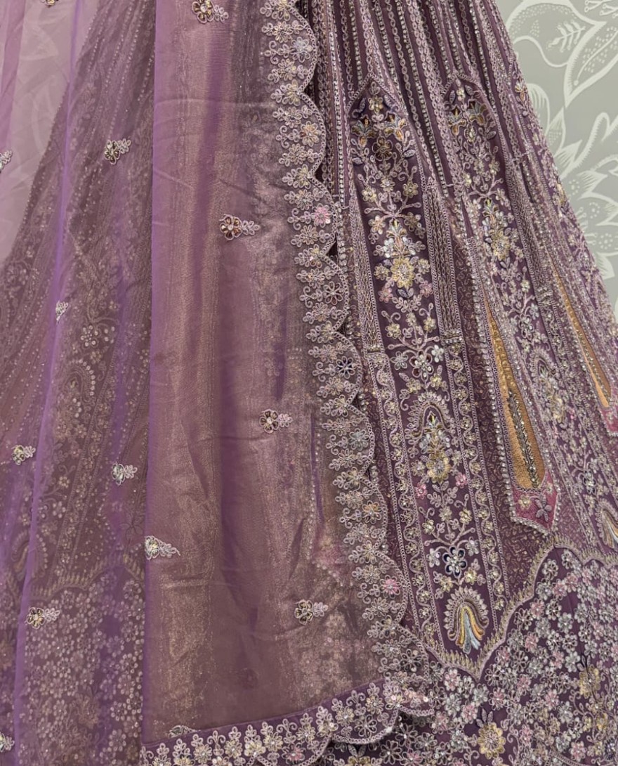 Purple - Partywear Purple Bridal Net Lehengacholi 