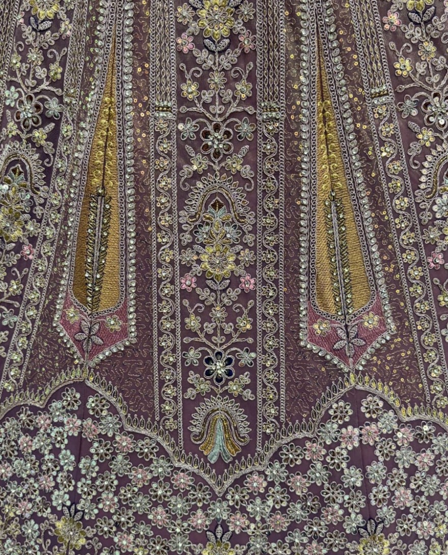 Purple - Partywear Purple Bridal Net Lehengacholi 