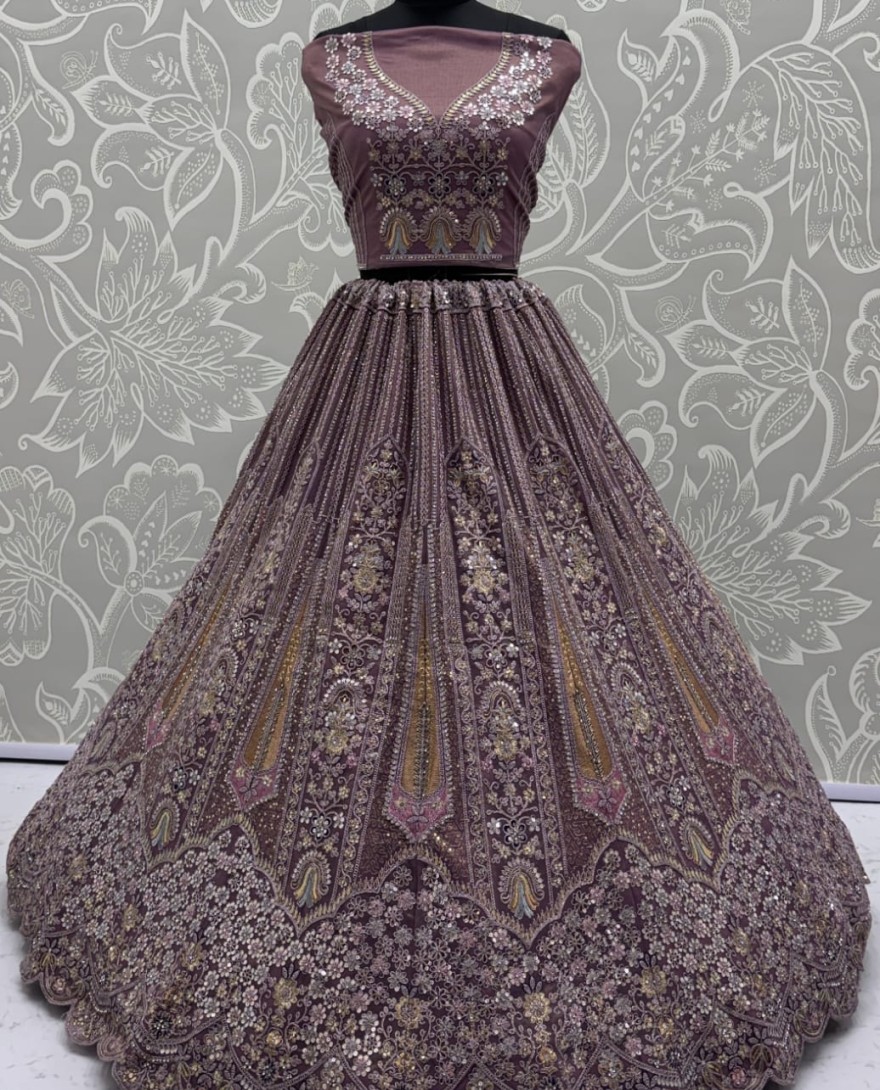 Purple - Partywear Purple Bridal Net Lehengacholi 