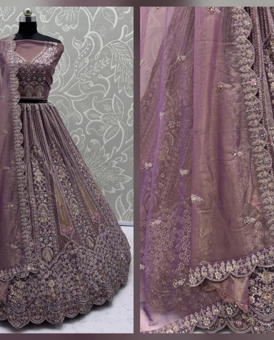 Purple - Partywear Purple Bridal Net Lehengacholi 