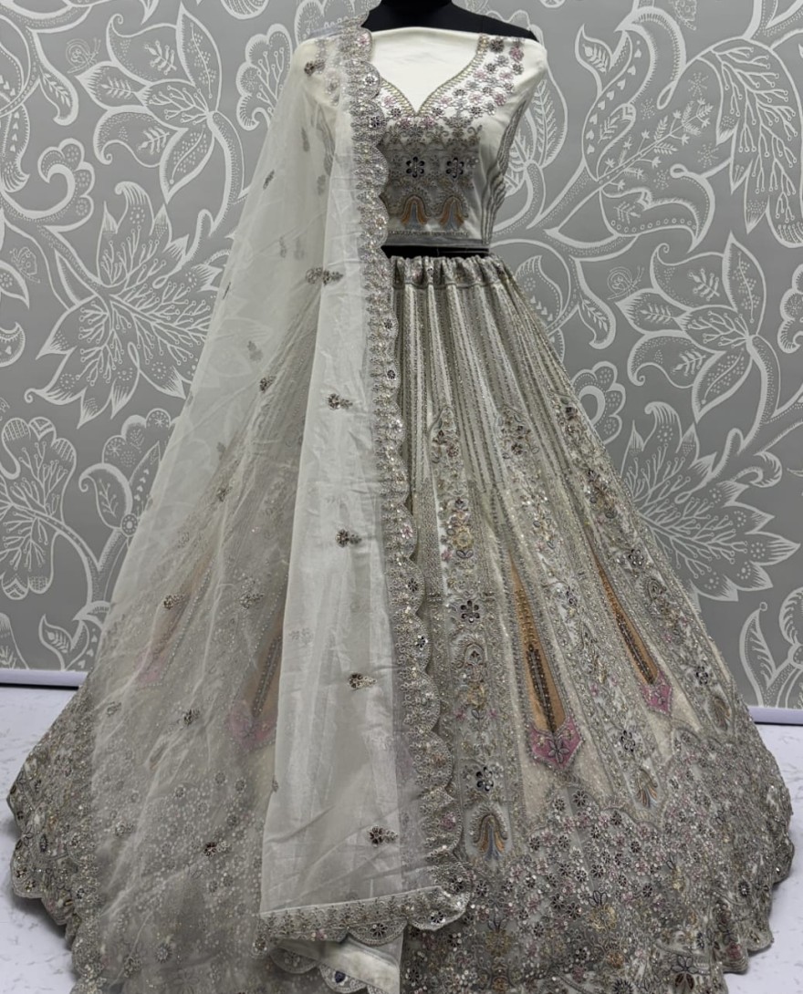 White - Partywear White Bridal Net Lehengacholi 