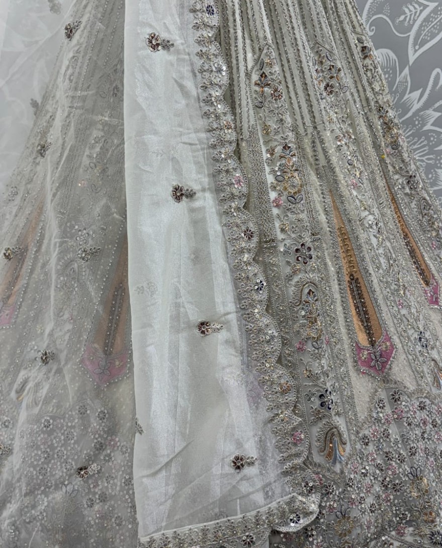 White - Partywear White Bridal Net Lehengacholi 