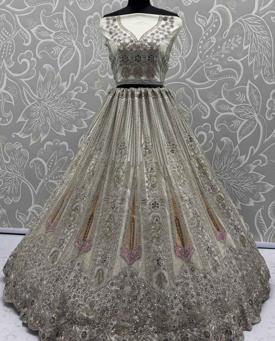 White - Partywear White Bridal Net Lehengacholi 