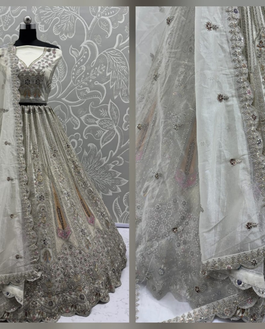 White - Partywear White Bridal Net Lehengacholi 
