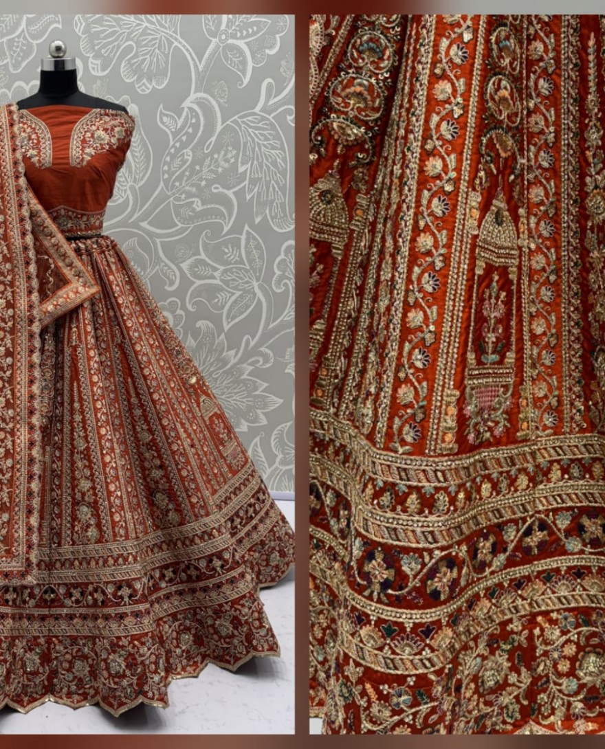 ORANGE - Double Orange Dupatta Combine Beautiful Color Cadbury Silk Designer Bridal Lehenga Choli 
