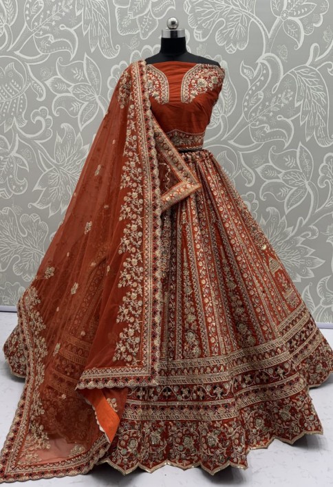 Double Orange Dupatta Combine Beautiful Color Cadbury Silk Designer Bridal Lehenga Choli 