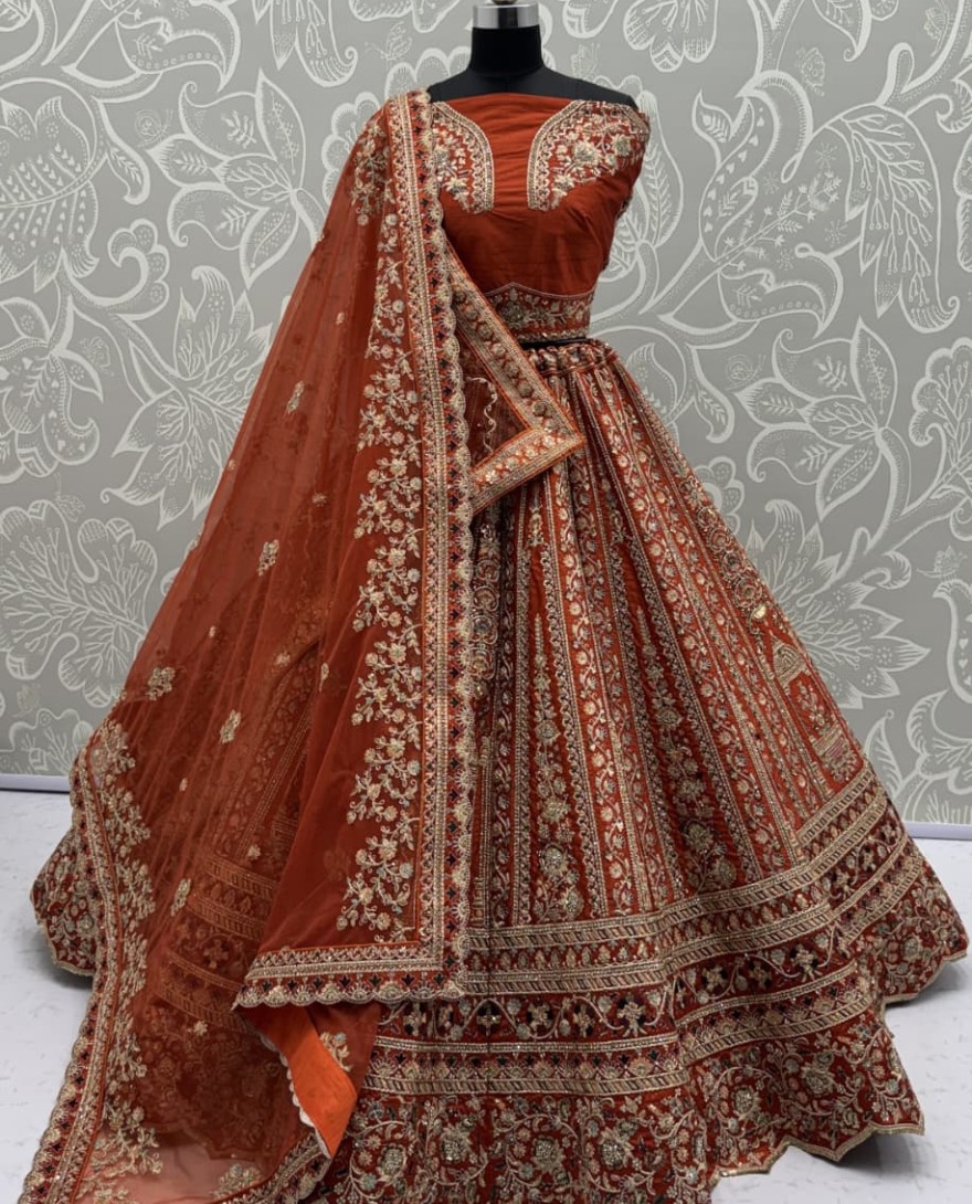ORANGE - Double Orange Dupatta Combine Beautiful Color Cadbury Silk Designer Bridal Lehenga Choli 