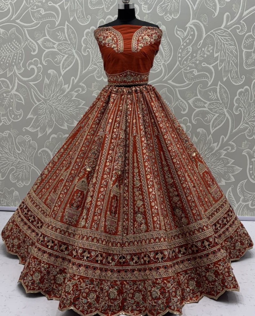 ORANGE - Double Orange Dupatta Combine Beautiful Color Cadbury Silk Designer Bridal Lehenga Choli 