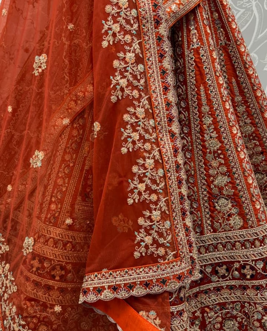 ORANGE - Double Orange Dupatta Combine Beautiful Color Cadbury Silk Designer Bridal Lehenga Choli 