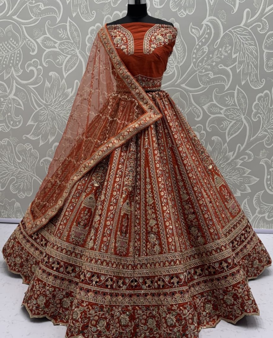 ORANGE	 - Double Orange Dupatta Combine Beautiful Color Cadbury Silk Designer Bridal Lehenga Choli 