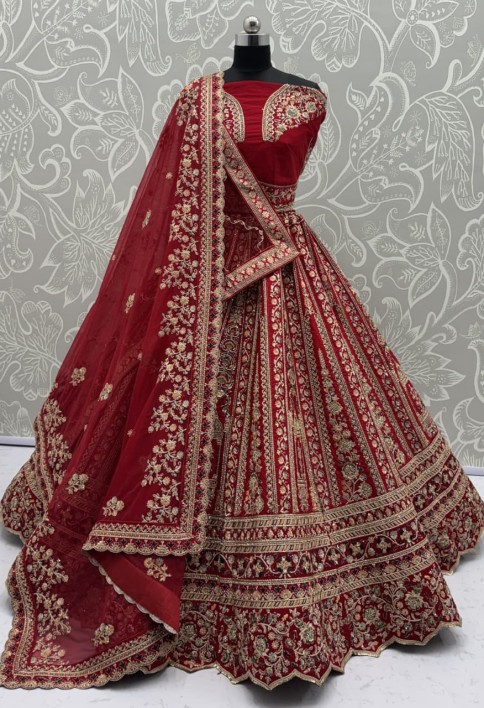 Double Red Dupatta Combine Beautiful Color Cadbury Silk Designer Bridal Lehenga Choli 