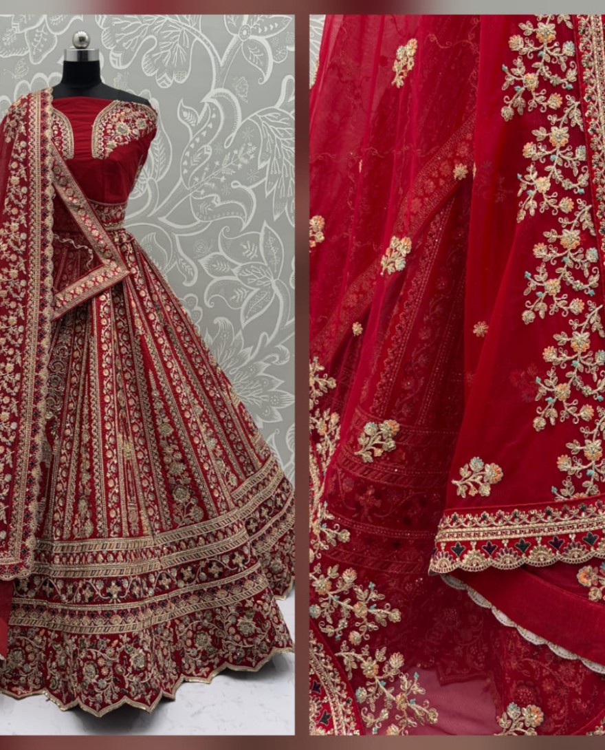 RED - Double Red Dupatta Combine Beautiful Color Cadbury Silk Designer Bridal Lehenga Choli 