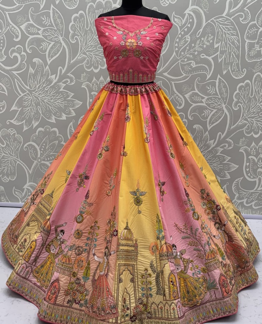 PINK - Exceptional Pink Craft Embroidery Patch on Multi Color Lehenga with Sober Embroidery work on it with beautiful dupatta and Blouse 