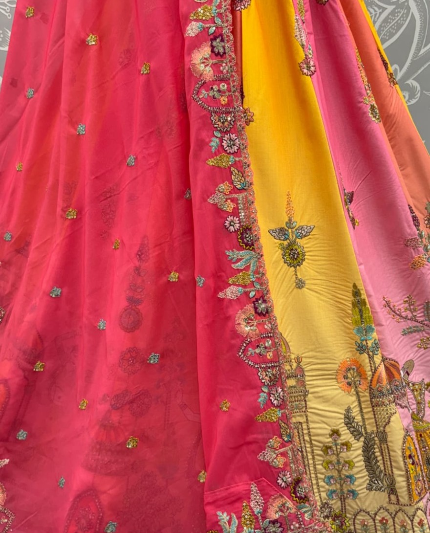 PINK - Exceptional Pink Craft Embroidery Patch on Multi Color Lehenga with Sober Embroidery work on it with beautiful dupatta and Blouse 