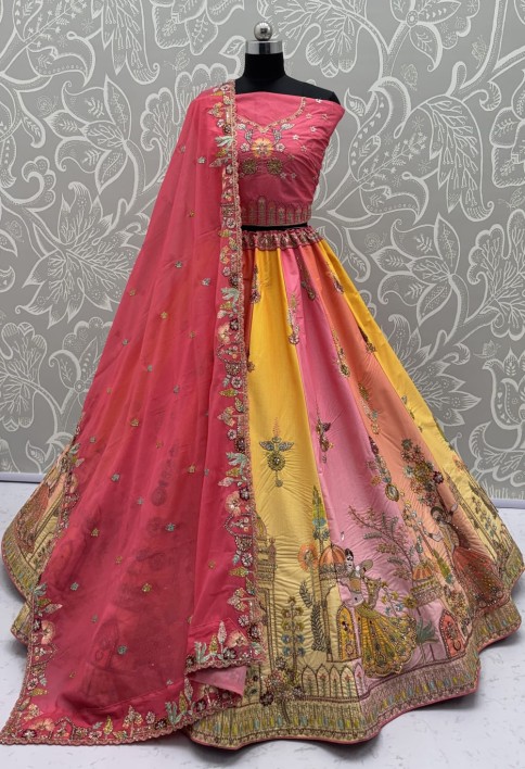 Exceptional Pink Craft Embroidery Patch on Multi Color Lehenga with Sober Embroidery work on it with beautiful dupatta and Blouse 