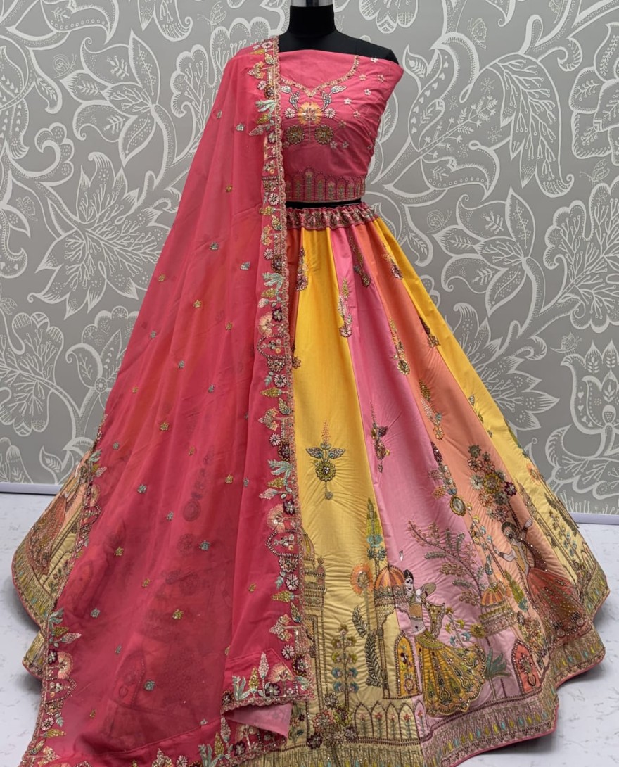 PINK - Exceptional Pink Craft Embroidery Patch on Multi Color Lehenga with Sober Embroidery work on it with beautiful dupatta and Blouse 