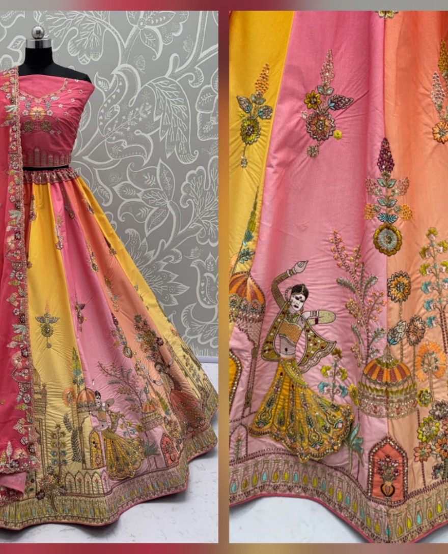 PINK - Exceptional Pink Craft Embroidery Patch on Multi Color Lehenga with Sober Embroidery work on it with beautiful dupatta and Blouse 