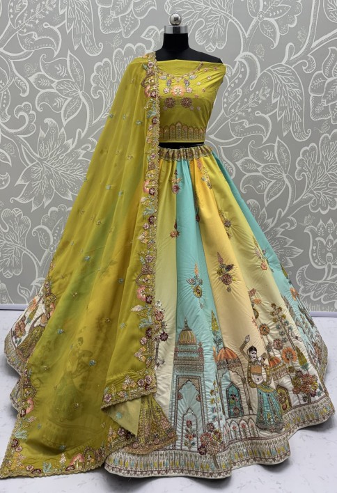 Exceptional Line Green Craft Embroidery Patch on Multi Color Lehenga with Sober Embroidery work on it with beautiful dupatta and Blouse 