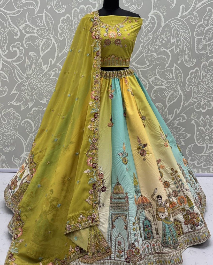 YELLOW - Exceptional Line Green Craft Embroidery Patch on Multi Color Lehenga with Sober Embroidery work on it with beautiful dupatta and Blouse 