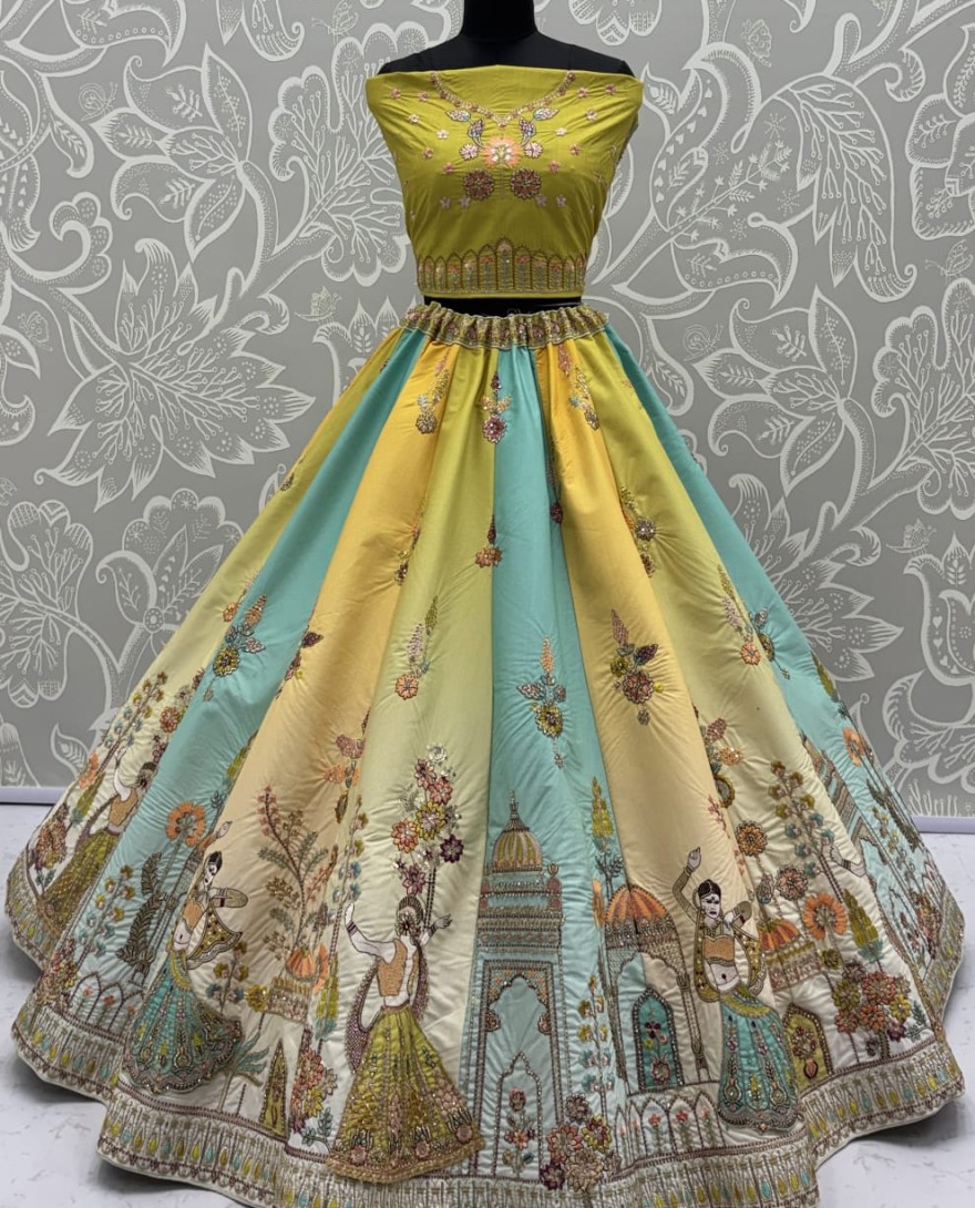 YELLOW - Exceptional Line Green Craft Embroidery Patch on Multi Color Lehenga with Sober Embroidery work on it with beautiful dupatta and Blouse 