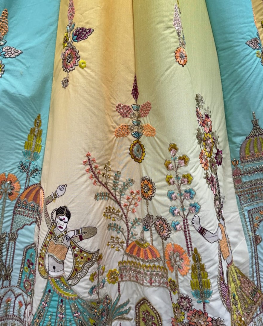 YELLOW - Exceptional Line Green Craft Embroidery Patch on Multi Color Lehenga with Sober Embroidery work on it with beautiful dupatta and Blouse 