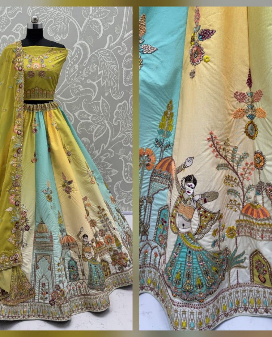 YELLOW - Exceptional Line Green Craft Embroidery Patch on Multi Color Lehenga with Sober Embroidery work on it with beautiful dupatta and Blouse 