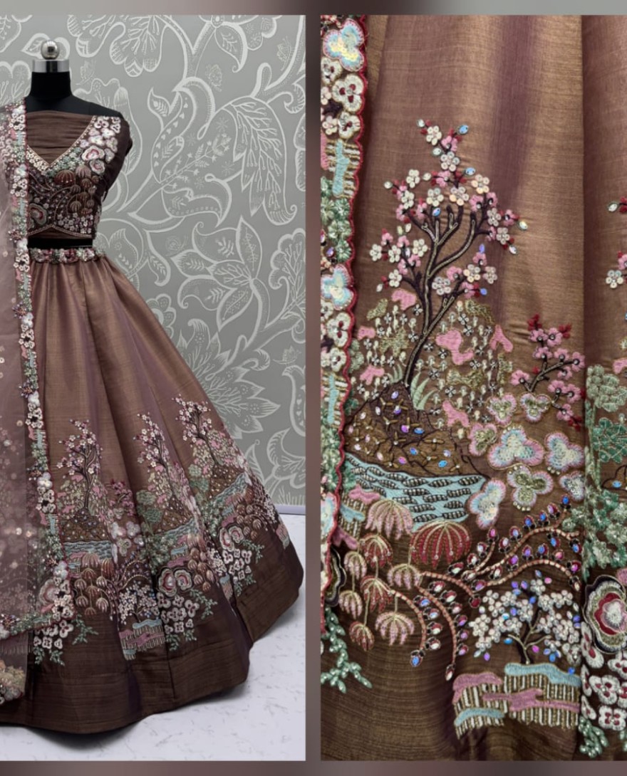 BROWN - Eye-Catchy Brown Color Range Rainbow Shaded Sequins Work Partywear Lehengacholi 