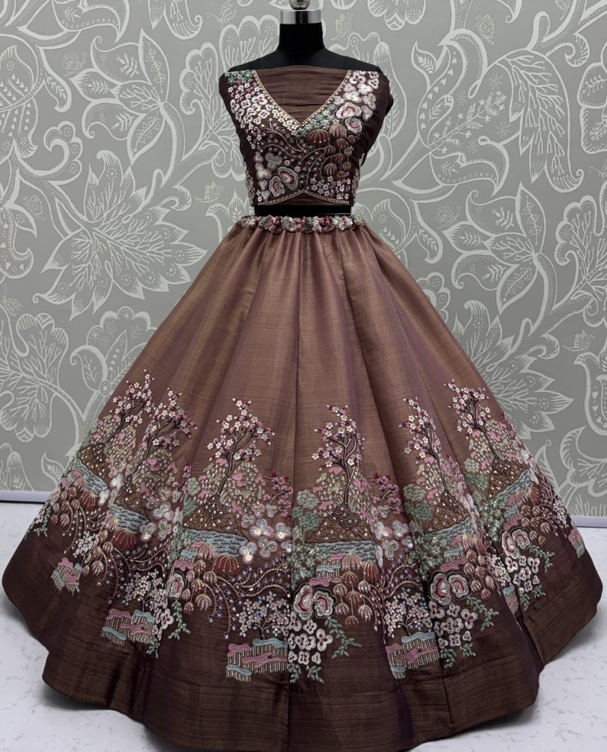 BROWN - Eye-Catchy Brown Color Range Rainbow Shaded Sequins Work Partywear Lehengacholi 