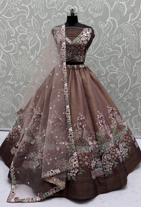 Eye-Catchy Brown Color Range Rainbow Shaded Sequins Work Partywear Lehengacholi 