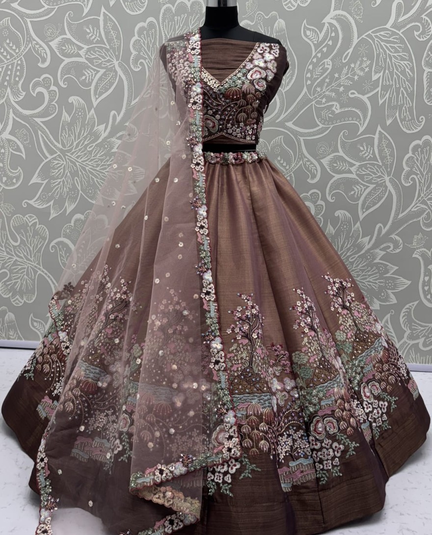 BROWN - Eye-Catchy Brown Color Range Rainbow Shaded Sequins Work Partywear Lehengacholi 