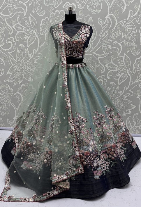 Eye-Catchy Blue Color Range Rainbow Shaded Sequins Work Partywear Lehengacholi 