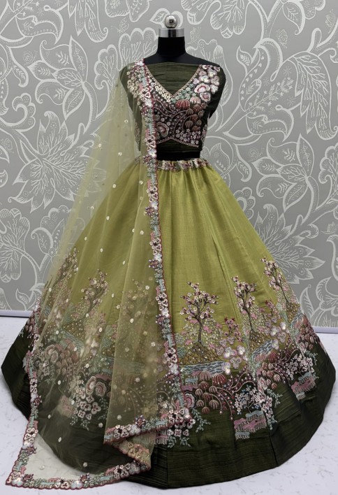 Eye-Catchy Green Color Range Rainbow Shaded Sequins Work Partywear Lehengacholi 