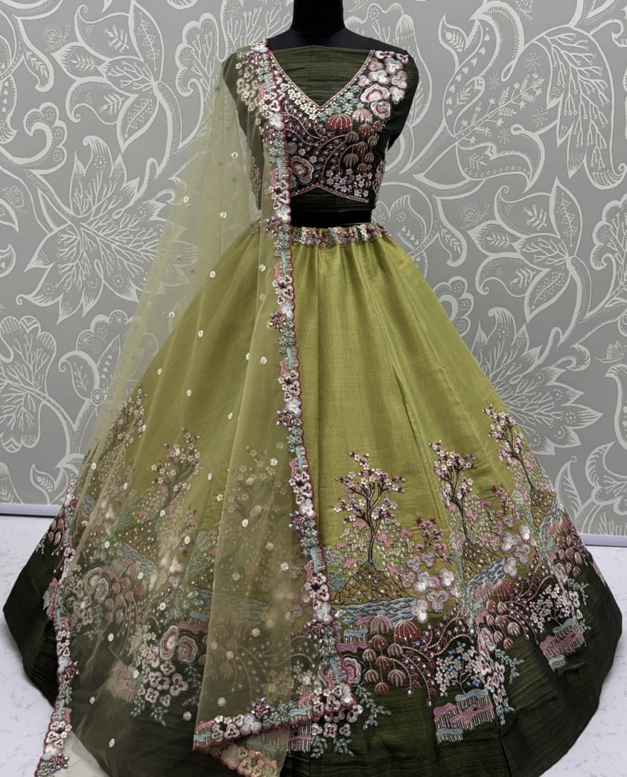 Green - Eye-Catchy Green Color Range Rainbow Shaded Sequins Work Partywear Lehengacholi 