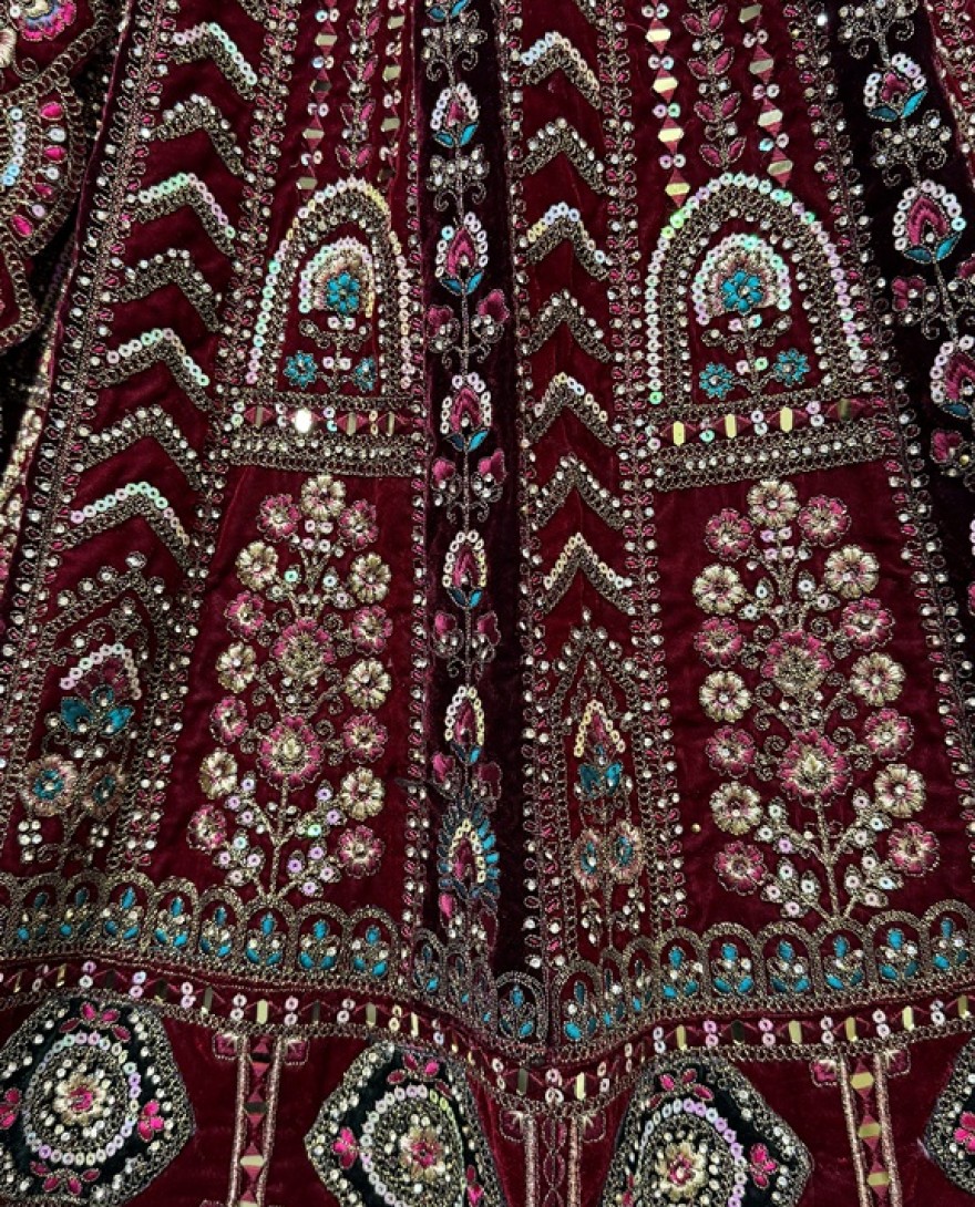 2862-red - Multi Thread and Red Dori Embroidery combine with Sequins work Velvet Lehenga Choli